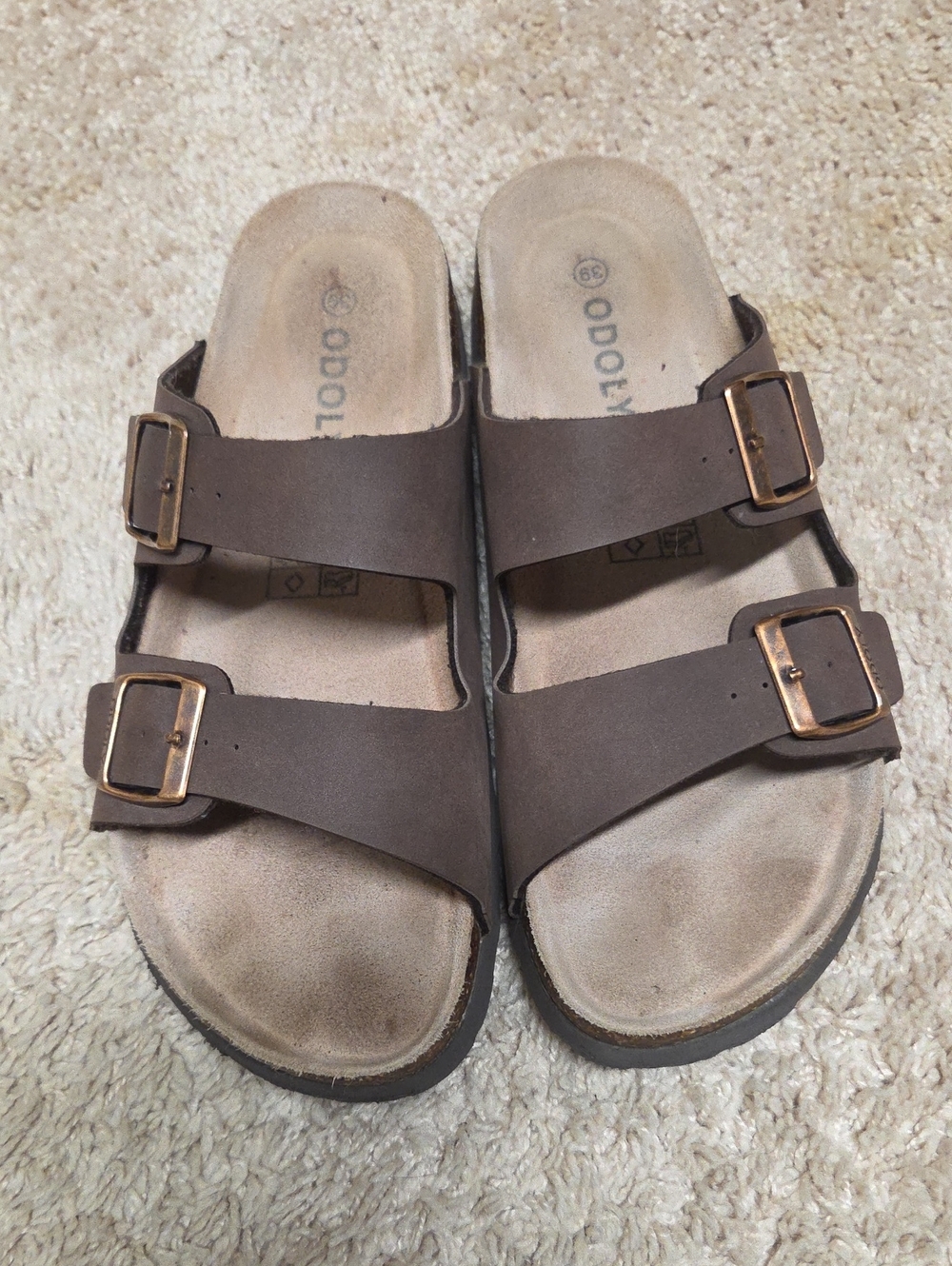 Women’s Double-Buckle Brown Slide Sandals